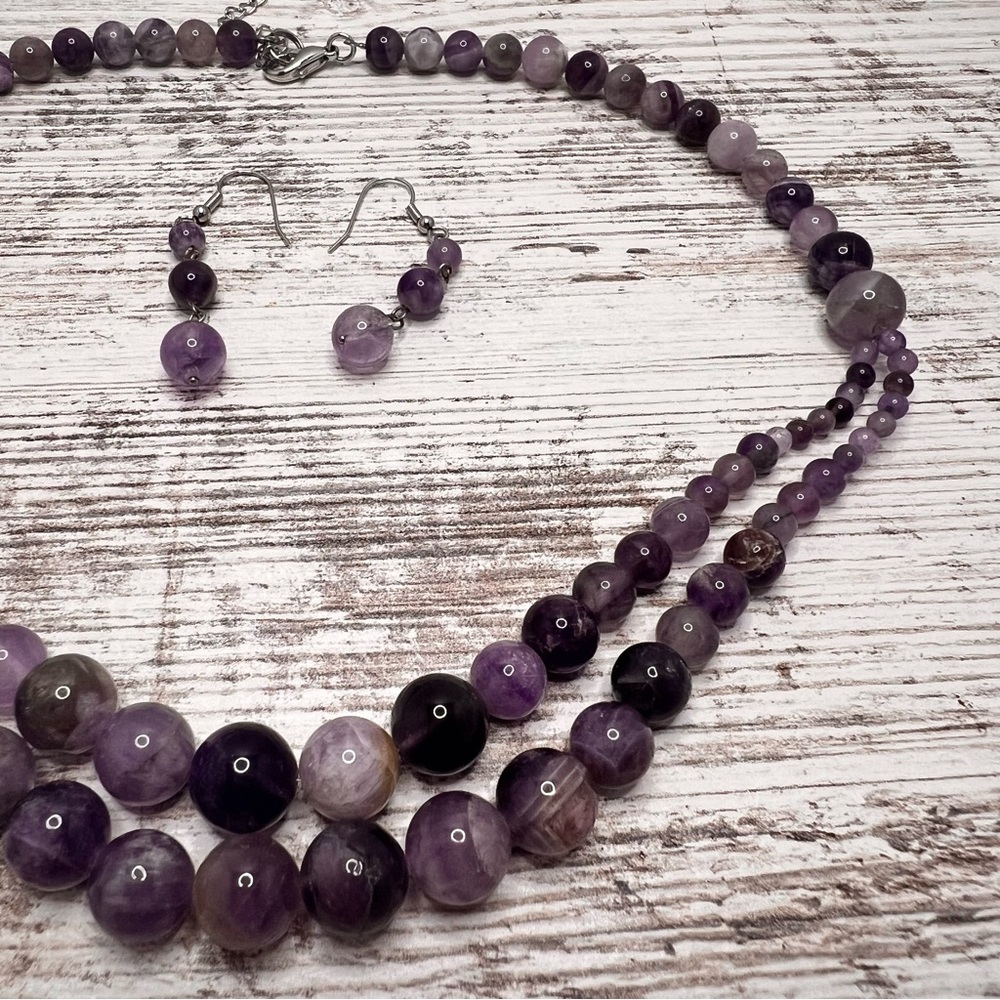 Amethyst Purple Beaded Necklace and Earring Set - J1